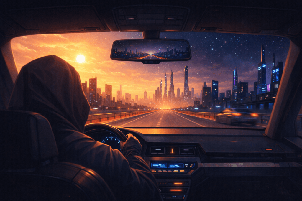 Driver inside a car looking at a futuristic city skyline with flying vehicles and planets in the sky